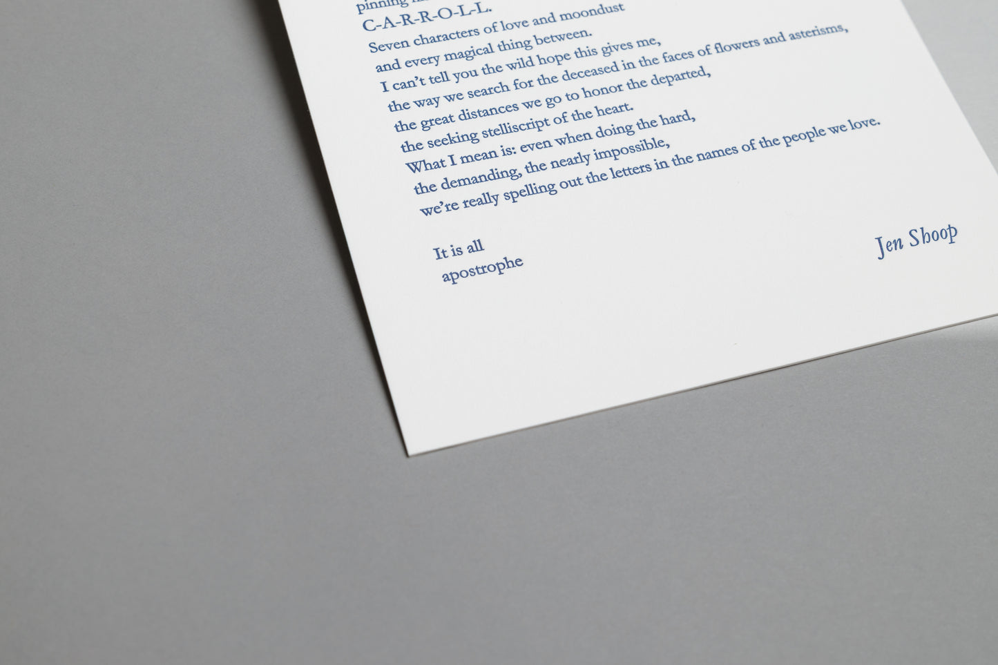Close-up of the lower text and Jen Shoop signature on the Moon 6×8 letterpress print in blue ink.