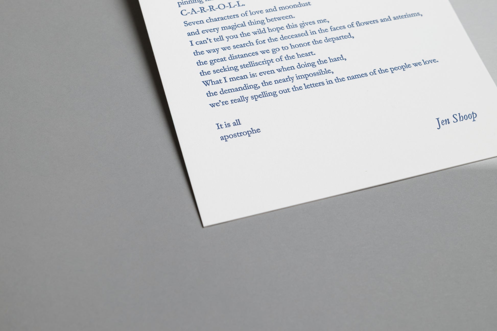 Close-up of the lower text and Jen Shoop signature on the Moon 6×8 letterpress print in blue ink.